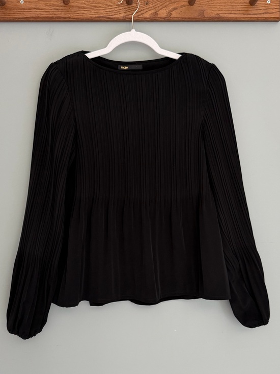 Maje Tops - Maje "Lockin" Crepe Boat Neck Long Sleeve Black Pleated Blouse